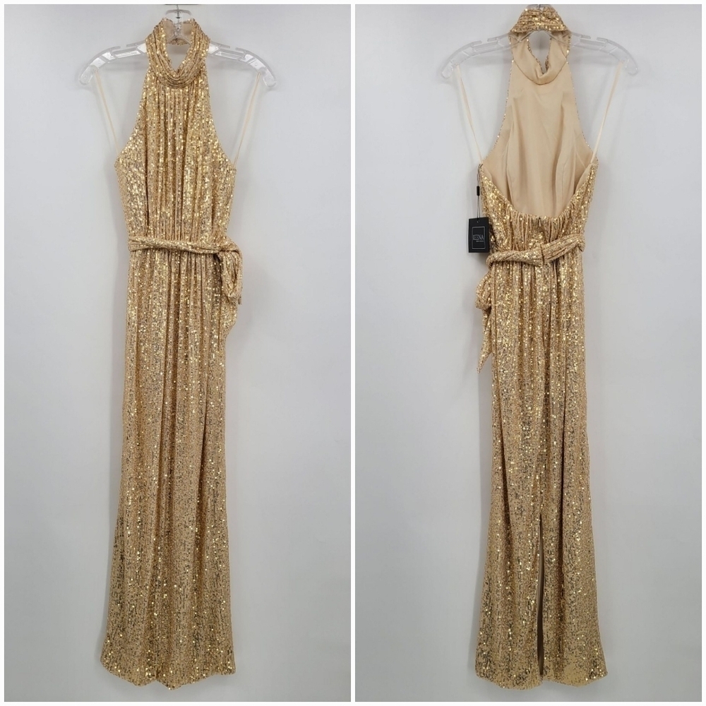 Ieena for Mac Duggal Sequin Halter Neck Sheath Gown - Picture 3 of 9